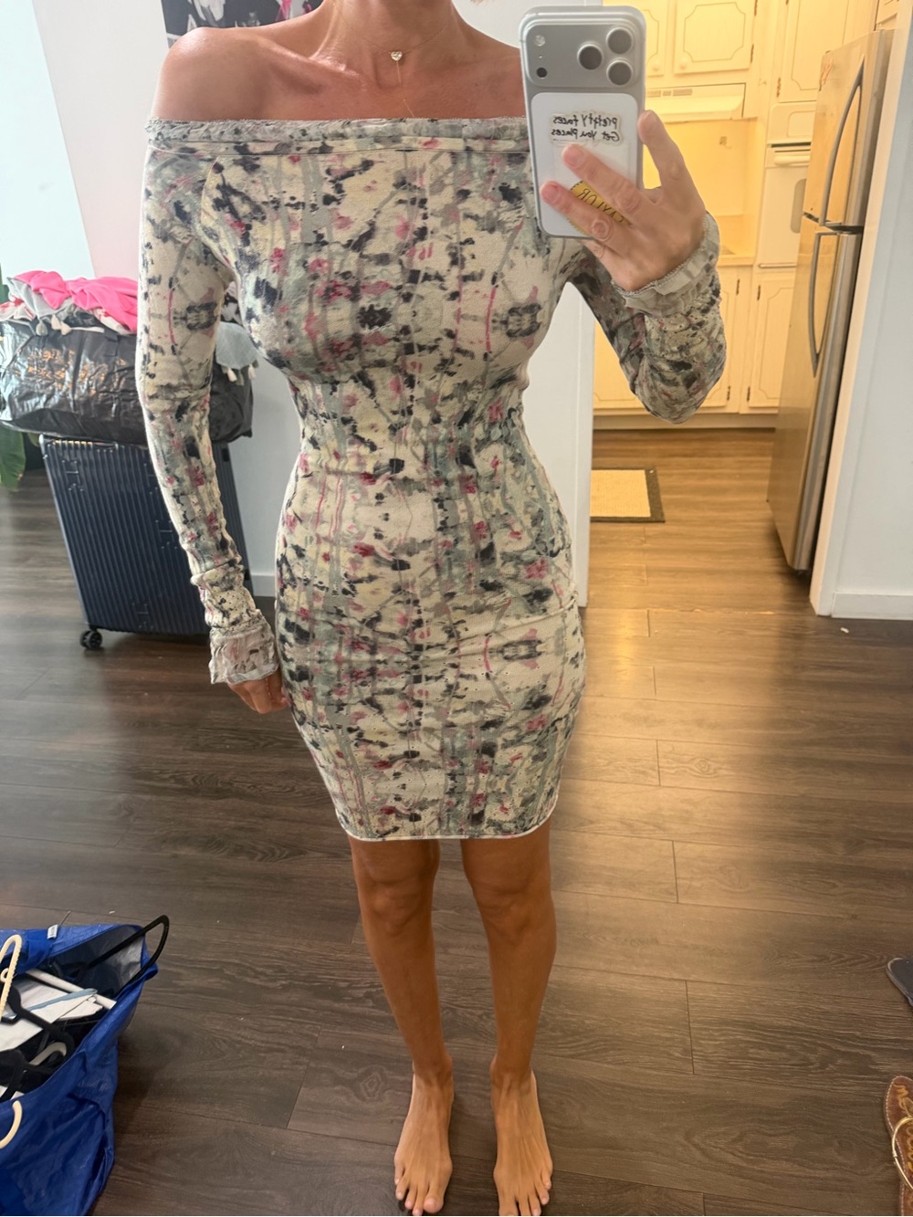 Zac Posen Off-Shoulder Printed Bodycon Dress - White/Pink/Gray